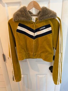 adidas Mustard Yellow Velvet Cropped Jacket with Faux Fur Hood